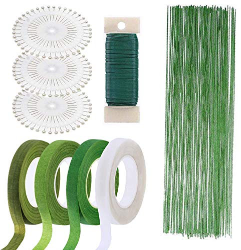 Woohome 7 Pièces Ensemble D'outils de Décoration Florale Fleuriste Ruban 1.2CM, Fil de Fleur de Calibre 22, Fil de Fer Fleur Jauge 26 et 100 Pièces Boule Tête Broches