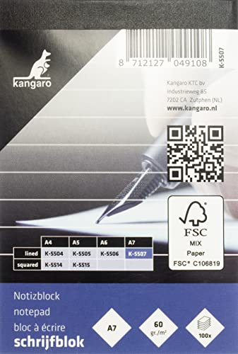 Kangaro Bloc-notes A7 ligné 60 g 100 feuilles K-5507 7 x 10,5 x 0,9 cm