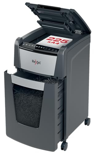 Rexel Optimum Auto Feed+ 225 Sheet Automatic Cross Cut Paper Shredder, P-4 Security, Small Office Use, 60 Litre Removable Bin, Castor Wheels, 2020225X,Black