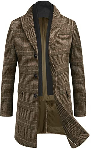 COOFANDY Manteau en laine mélangée pour homme avec écharpes à carreaux détachables, col cranté simple boutonnage, trench