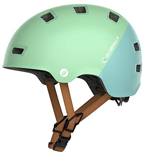 GLAMVILLA Skaterhelm Fahrradhelm Ultraleicht Stadthelm für Kinder/Damen/Herren,Verstellbar Unisex Schutzhelm für Skateboard E-Scooter Roller BMX,nur 260g/270/280g (Mintgrün mit Grasgrün, S(48-53cm))