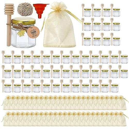 HO2 HOME PARIS® Set aus 50 Mini-Honiggläsern aus Glas mit Deckeln, Holzlöffeln, goldenen Deckeln, Bienenanhängern,Schnur, Geschenktüten/Etiketten/Gästegeschenke