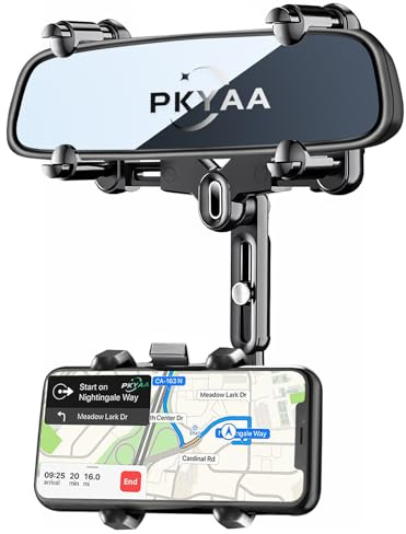 PKYAA backspegel telefonhållare för bil, 360° roterande backfäste med justerbar armlängd, uppgraderad fyra hörn fast anti-skakning multifunktionell design för alla smartphones