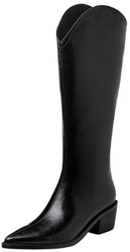 WOkismD V Bouche Bout Pointu Nouveau Western Bottes Femmes Rétro Genou-Haute Bottes Haut Épais Talon Chevalier Bottes,Noir,40 EU