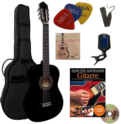 4/4 Gitarre - Konzertgitarre Start Set mit Schulbuch - Classic schwarz black - Lindenholz - Stimmgerät - Tasche - Band - Nylonsaiten - 3xPiks, Buch