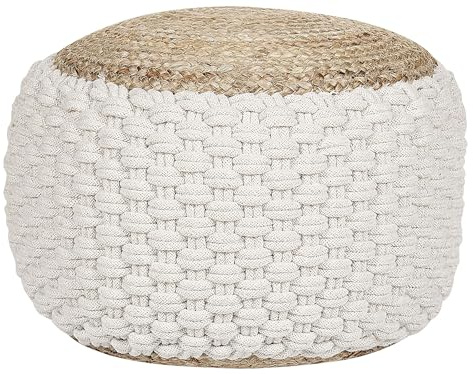 Beliani Pouf Tricoté en Coton et Jute Blanc et Beige 50 cm Remplissage à Billes EPS Aiza