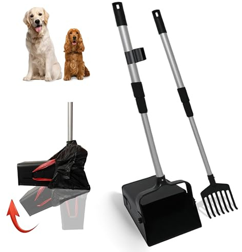 MIVERYEA Pooper Scooper Metal 38 Long Adjustable Handle Swivel Bin & Rake for Large & Small Dogs Non-Breakable Dog Poop Scooper Easy to Clean Pet Waste Use on Grass, with 20 Waste Bags