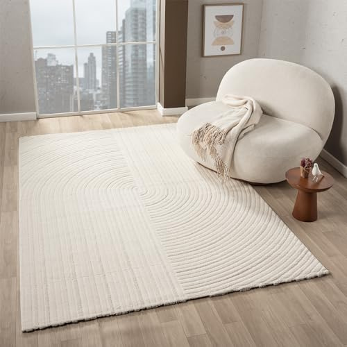VIMODA Moderner Kurzflor Teppich Wohnzimmer Schlafzimmer Boho Optik Regenbogen Skandinavisch, Farbe:Creme, Maße:120x170 cm