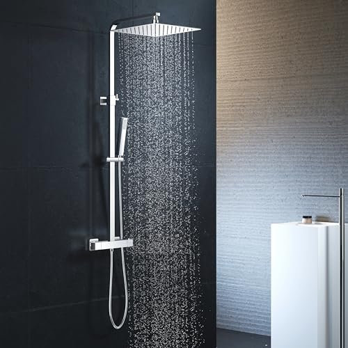 YOOZENA Duscharmatur mit thermostat, Duscharmatur Komplettset (Duschsystem - 25 X 25 CM Kopfbrause aus Edelstahl 304 - Duschkopf mit Schlauch und Halterung) Eckig regendusche mit armatur, Chrom