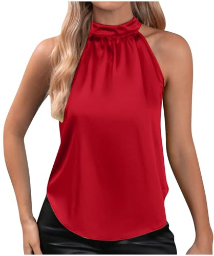 SYDUZAX Womens Silk Satin Tank Tops Halter Neck Button Vest Casual Sleeveless Camisole Elegant Party Blouses Off the Shoulder Summer Tops Basic Tank Work Shirt Solid Plain T-Shirt Tunic