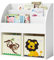 Bellabino Kinderregal Koro, Spielzeug Aufbewahrung, Bücherregal für Kinder mit 3 Fächern für Bücher und 2 Fächern für Boxen (inkl. 2 Faltboxen AFFE/Löwe)