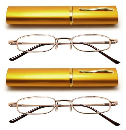 TWINKLE TWINKLE 2 PACK Reading Glasses Slim Eyeglasses with Pen Clip Tube Case Portable Lightweight UK R282 (2 Pairs Gold, +250 Magnification)