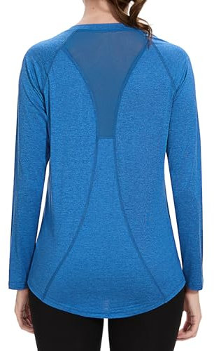Wayleb Sportshirt Damen Langarmshirt V-Ausschnitt Sport T-Shirt Langarm Oberteile Funktionsshirt Leichtes Atmungsaktiv Back Mesh Laufshirt Fitness Yoga Top Sportbekleidung, Blau S
