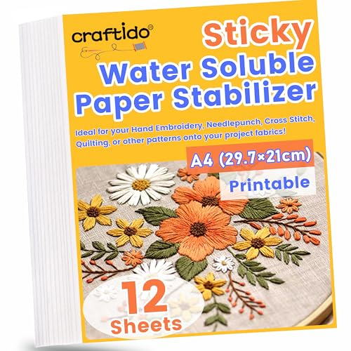 Craftido A4 12PCS (29.7x21cm) Estabilizador de bordado Autoadhesivo soluble en agua Papel Disolvente Imprimible, Peso Medio Permitido para Imprimir o Dibujar Patrones, Bordado a Maquina y a Mano