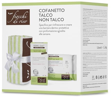 Fiocchi di Riso - COFANETTO TALCO - Kit specifico per rinfrescare e creare una barriera dermo-protettiva con profumazione sgradita alle zanzare. Talco NON Talco emulsione e salviettine - IDEA REGALO