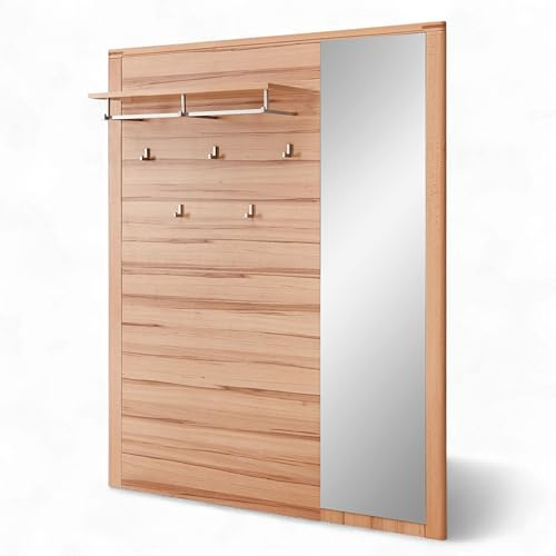 Stella Trading Nature ONE Garderobenpaneel mit Spiegel in Kernbuche Teil-massiv FSC-Zertifiziert - Moderne Hutablage mit Wandhaken - 120 x 157 x 29 cm (B/H/T)