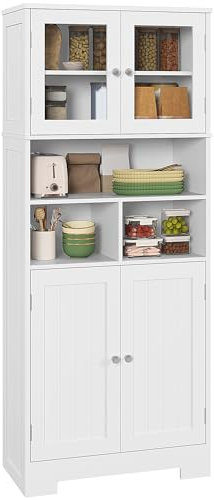 HOMCOM Alacena de Cocina Mueble Auxiliar de Cocina Aparador Alto con 2 Puertas de Vidrio Estantes Ajustables y Compartimentos Abiertos 60x30x145,5 cm Blanco