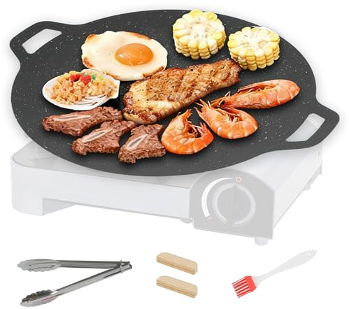 ohbien 12.6 Korean BBQ Grill Pan, Non-Stick Smokeless Korean Cast Iron BBQ Pan with Wood Handle Cooking Tongs Oil Brush for Gas or Induction Ranges