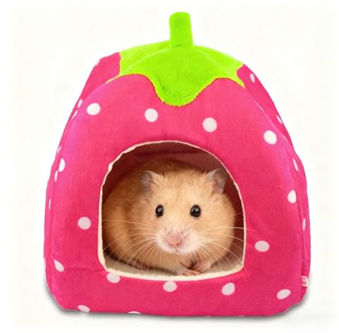 Guinea Pig Bed, 1Pcs Guinea Pig House, Non Slip Strawberry Hedgehog House with Removable Pad, Small Animal Winter Warm Nest for Chinchilla Ferret Gerbil (24 X 24cm) (Pink)