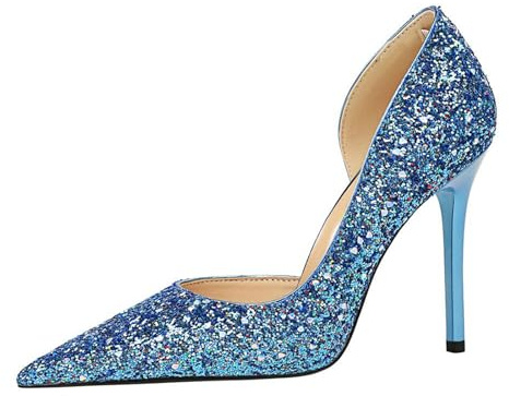 Escarpins à Talon Haut pour Femme Talons Aiguilles 10CM Chaussures Bout Pointu Paillettes Scintillantes Découpe latérale Bleu Heel Dance Shoes-Numeric_36