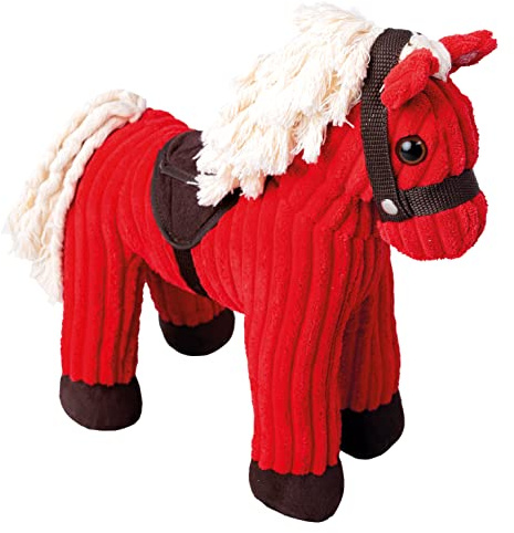 Mertens Pferd mit Geräuschen, Pferde Spielzeug, Pferd zum Draufsitzen, (Kinderspielzeug ab 3 Jahren, Pferdegeräusch auf Knopfdruck, abnehmbarer Sattel, Größe ca. 26x31x16 cm), Rot