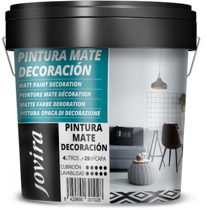 JOVIRA PINTURAS Pintura Mate Decoración. Blanco Liso. Interior-Exterior.Para paredes, techos y fachadas. (4 Litros) A-13