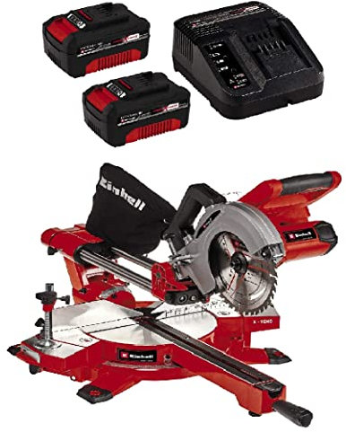 Einhell Scie à onglet radiale sans fil TE-SM 36/210 Li-Solo Power X-Change (lithium-ion, système de glissière, laser de visée indiquant la ligne de coupe) avec Chargeur et 2 Batteries 3,0Ah
