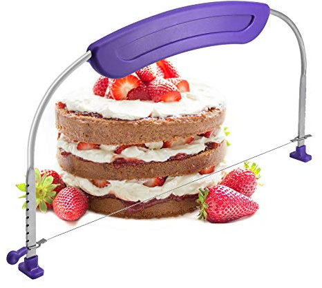 Adjustable Cake Cutter, Professional Cake Leveller Slicer with Stainless Steel Wires and Purple Handle for Wedding Birthday Layer Cakes Baking Tool, 30.2x16.5cm