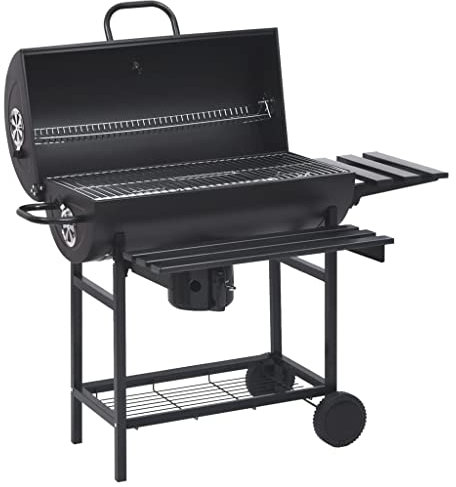 vidaXL Parrilla de Barril Ruedas y Estantes Barbacoa Ahumador Alimento Grill Carnes Pescados Salchichas Jardín Patio Camping Acero Negro 115x85x95 cm