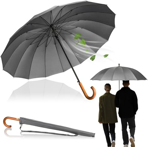 Ombrello a bastone resistente Ø120cm con manico in vero legno di alta qualità e punta in gomma silenziosa,Ombrello XXL grande con 16 montanti,LOGAN & BARNES,Modello EDINBURGH (grigio)