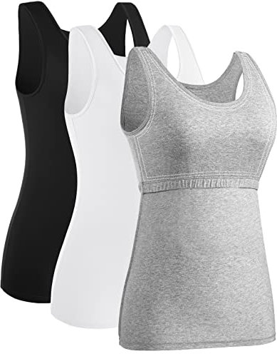 Ymmchy Damen Tank Tops mit Regal-BH Unterhemden Workout Stretch Tanktop 3er Pack Black/White/Gray XL