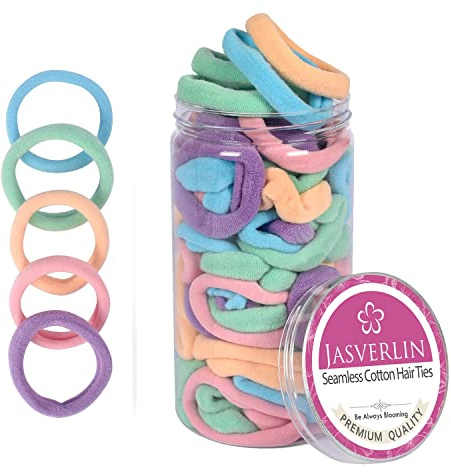 JASVERLIN Lazos de Pelo Suaves - Bandas Elásticas de Algodón sin Costuras para Mujeres, Niñas, Sujetadores de Cola de Cabello No Dañinos, Pequeños Scrunchies de 1.5 pulgadas 100 Piezas (Color Bebé)