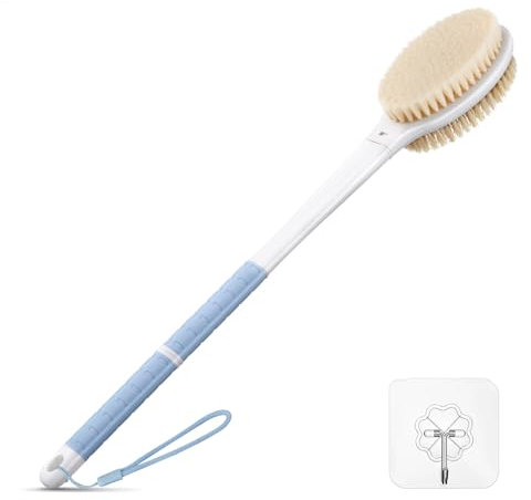 Back Scrubber Body Shower Brush: Anti Slip Long Handle Bath Brush with Stiff and Soft Bristles - Showering Exfoliator Wet or Dry Brushing for Women, Men, Elderly (Blue)