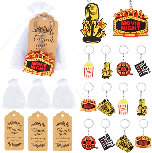 Serencatcher Bomboniere per feste di film notturni, confezione da 12 portachiavi con etichette di ringraziamento con cordino bianco in organza a tema film, decorazioni per feste di compleanno,