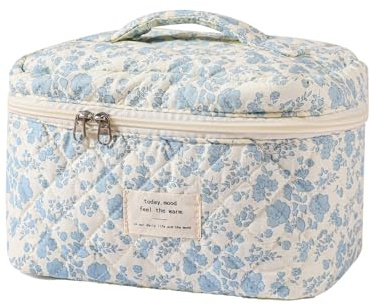 uekeboag Large Travel Quilted Makeup Bag for Women, Floral Cotton Cosmetic Bag, Coquette Aesthetic Floral Toiletry Organizer Bag (01Lithtblue-flower)