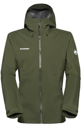 Mammut Mens Outdoor Hardshell Hooded Jacket, Waterproof and Breathable Rain Shell for Hiking and Everyday, Dark Green, Large