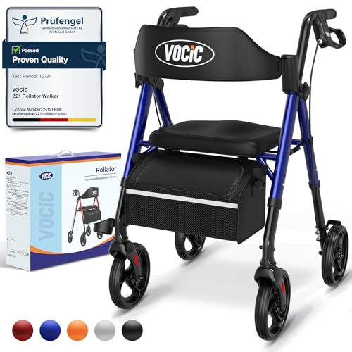 VOCIC Rollator Walker with Seat, Brakes, Bag, Foldable Walking Aid, Adjustable Height, Lightweight Rollator for Disabled, 20cm/8'' Wheels for All Terrain, 5 Year Support,Blue