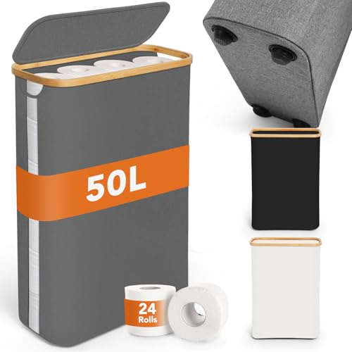 SOUTHGATE 50L Cestino per Carta Igienica con Coperchio in Bambù, Porta Rotolo Carta da Terra per 16 a 24 Rotoli di Carta Igienica, Visibilità con Piedi, Organizer da Bagno con Manico