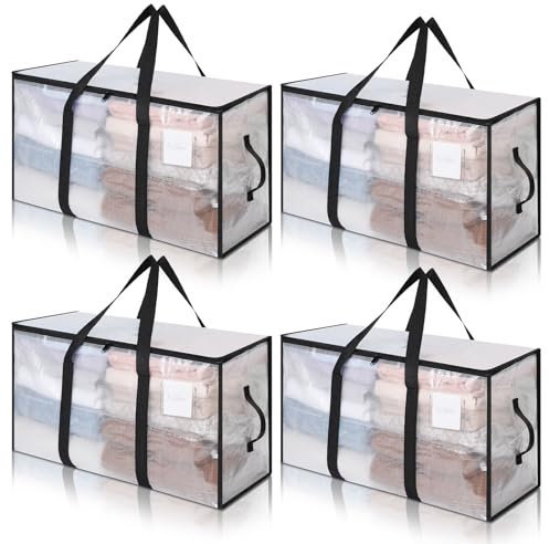 Cozary 94L Borsa Portaoggetti Grande, 4 Pezzi Impermeabile Borse Trasloco per Vestiti con Cerniera e Maniglia, Pieghevole Scatole Armadio per Vestiti, Piumoni,Trapunte, Trasparente