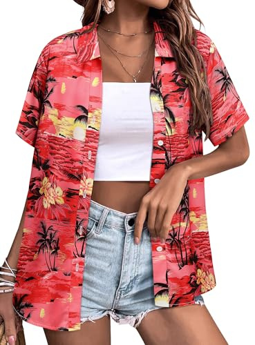 Yihelian Hawaiian Shirts for Women Summer Short Sleeve Top Floral Tropic Printing V Neck Button Down T Shirts Blouses Sunset Red