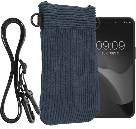 kwmobile Estuche para Móvil Universal XXL - 7 - Funda de Pana con Cuerda Ajustable Cierre Magnético y Bolsillo Interior de Malla - Azul Vintage