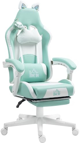 HOMCOM Sedia Gaming Ergonomica con Orecchie da Gatto, Poltrona Gaming Ufficio Reclinabile in Finta Pelle con Poggiapiedi, Poggiatesta e Altezza Regolabile, Supporto Lombare e Cervicale, Blu
