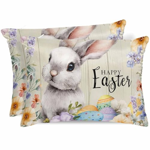 Easter Grey Bunny Satin Pillowcase for Hair and Skin with Zipper, Soft Breathable Cooling Silk Pillow Cases, Spring Colorful Eggs Flower Wooden Grain Throw Pillow Covers Standard Size 20x26 Set of 2