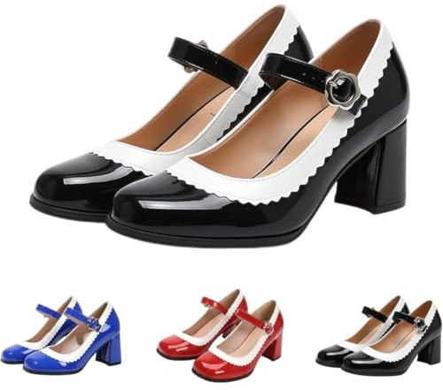 Mary Jane - Zapatos de tacón de bloque para mujer, elegantes zapatos de vestir retro con hebilla para bodas y fiestas, Black, 39 EU