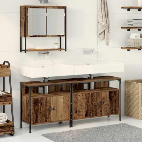 Yunovire Badrumsmöbelset 3 delar brunt trämaterial 80 x 30 x 60 cm med tvättställsunderskåp, spegelskåp, väggmontering, lagringsutrymme för badrum, gästtoalett, tvättplats