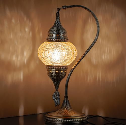 DEMMEX Lampe turque authentique, fabriquée en Turquie, lampe de chevet en mosaïque turque marocaine, 100% fabriquée à la main, corps en métal couleur laiton antique et base en métal martelé