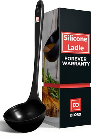 DI ORO Silicone Ladle – Soup Ladle for Cooking & Serving Heat-Resistant - Large Kitchen Soup Ladle Nonstick Cookware Safe - Soup Serving Spoon with Wide Bowl - Silicone Utensil Dishwasher Safe (Black)