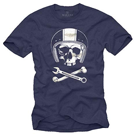 MAKAYA Maglietta per LA Meccanica - T-Shirt con Stampa Moto - Casco con Teschio Uomo Blu M