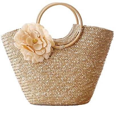 FJZFXKZL Strandtasche Stroh, Zufällige handgefertigte gewebte Strohbeutel Runde Griff Blume Rattan Große Handtasche Sommer Blütendekor Beachtasche (Color : 1)