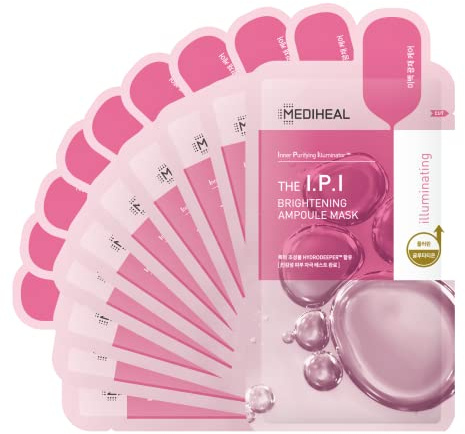 Mediheal Official Best No.1 Korean Sheet Mask - IPI Ampoule Face Mask 10 Sheets For Brightening Radiant for Dull Skin with Niacinamide